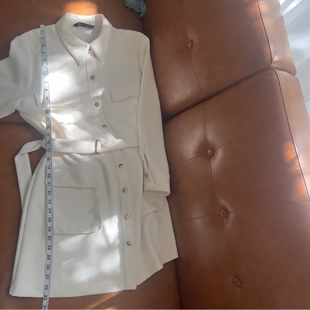 ZARA Women’s XL Gold Button Utility Belted Shirt Dress Ivory Cream Butter White - Picture 12 of 13